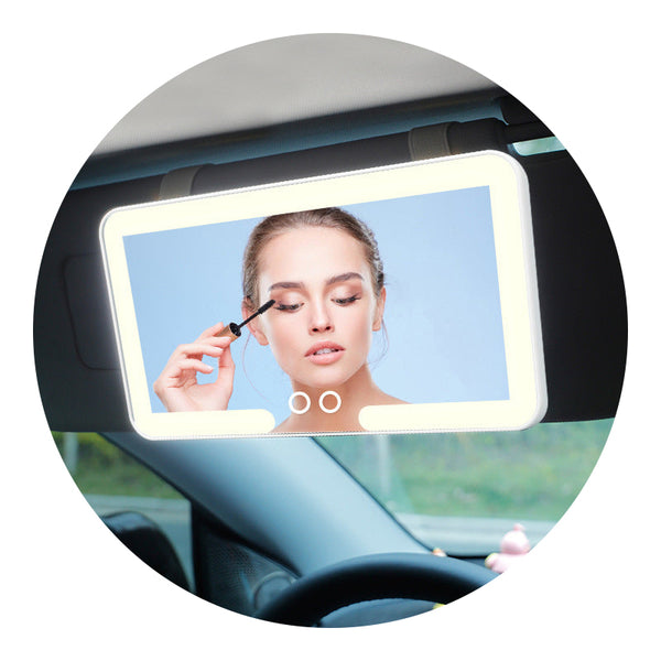 White Double Button Car Sun Visor Makeup Mirror With Led Light Tri Color Touch Control Makeup Mirrors