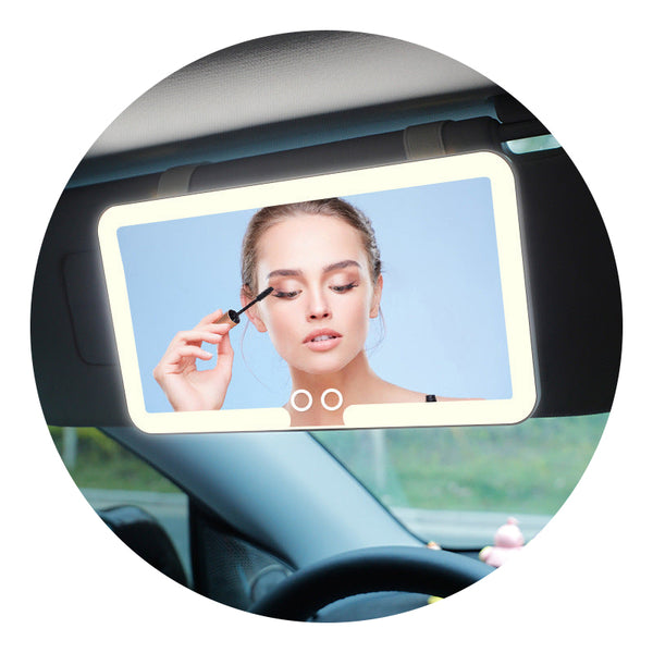 White Double Button Car Sun Visor Makeup Mirror With Led Light Tri Color Touch Control Makeup Mirrors