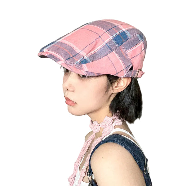 2 Pcs Pink Lightweight Checkered Flat Cap Adjustable Retro Driver Hat For Men & Women Hats