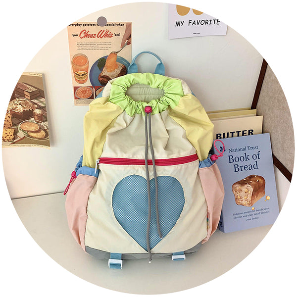 Yellow Colorblock Drawstring Backpack Lightweight Nylon Bag With Heart Mesh Pocket Women Backpacks