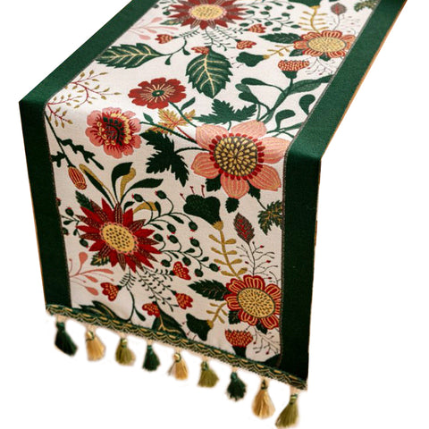 Elosung 35X120cm Green Pastoral Table Runner Spring Floral Oil Painting Style With Tassels Table Runners
