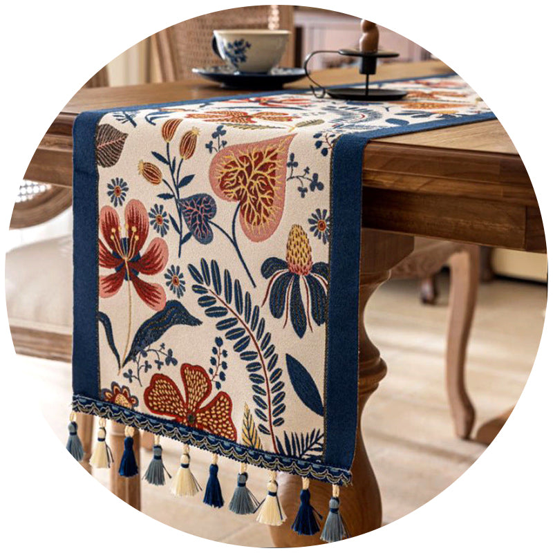 Elosung Blue Pastoral Table Runner Spring Floral Oil Painting Style With Tassels 35X120cm Table Runners