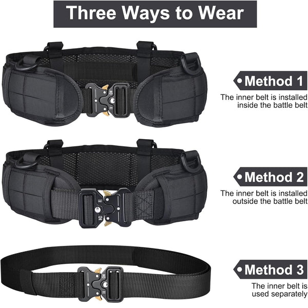Black Tactical Battle Belt Set Padded Molle Outer & Nylon Inner Police & Security Belts