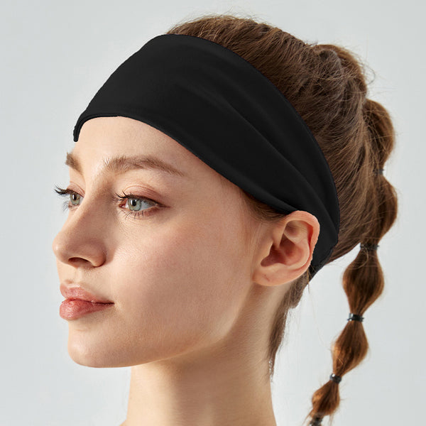 Black Premium Wide Yoga Headband Breathable Nylon/Spandex Sweat Wicking Hair Band For Women (49Cm Circumference) Athletic Non Slip Fitness Headwrap Ha