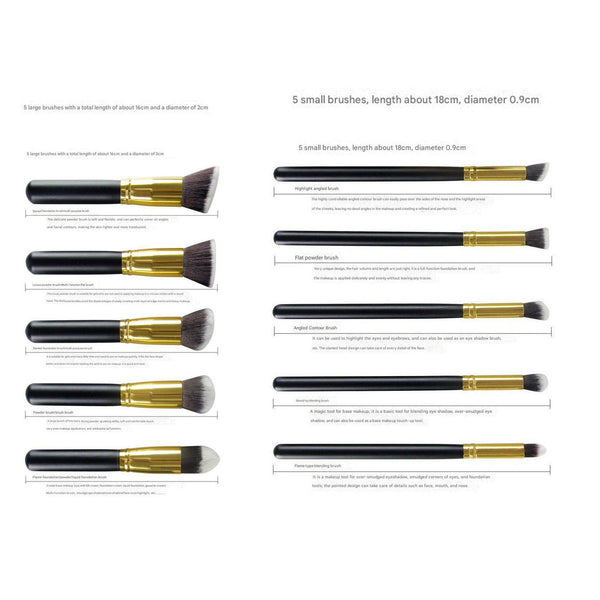 10 Piece Black And Gold Makeup Brush Set Large Small For Professional Beauty Application Brushes