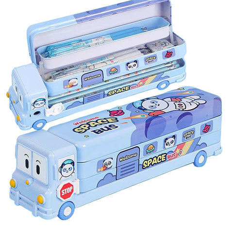 2 Pcs Blue Fun School Bus Pencil Box With Built In Sharpener 3 Layer Large Capacity Stationery Box For Kids Pencil Cases