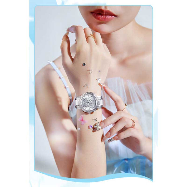 Women's Butterfly Quartz Watch With Ceramic Steel Strap And Luminous Hands Silver Shell White Surface Belt Watches