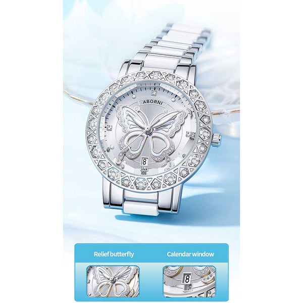 Women's Butterfly Quartz Watch With Ceramic Steel Strap And Luminous Hands Silver Shell White Surface Belt Watches