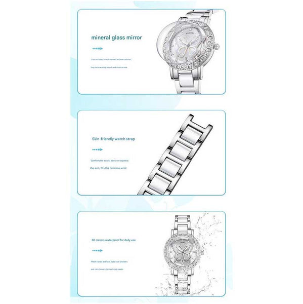 Women's Butterfly Quartz Watch With Ceramic Steel Strap And Luminous Hands Silver Shell White Surface Belt Watches