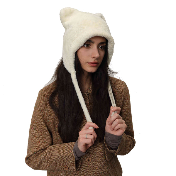 White Fluffy Cat Ear Winter Earflap Hat Women Knitted Warm Cold Weather Cap Hats