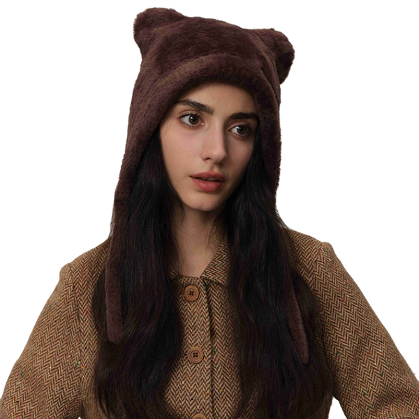 White Fluffy Cat Ear Winter Earflap Hat Women Knitted Warm Cold Weather Cap Hats