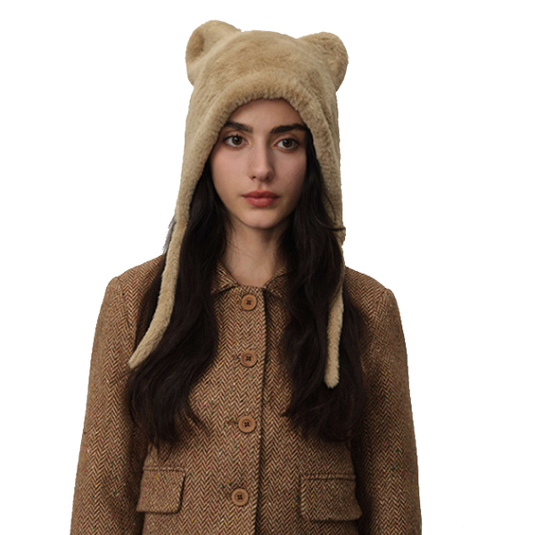 White Fluffy Cat Ear Winter Earflap Hat Women Knitted Warm Cold Weather Cap Hats