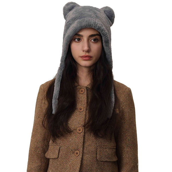 White Fluffy Cat Ear Winter Earflap Hat Women Knitted Warm Cold Weather Cap Hats