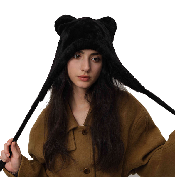 White Fluffy Cat Ear Winter Earflap Hat Women Knitted Warm Cold Weather Cap Hats