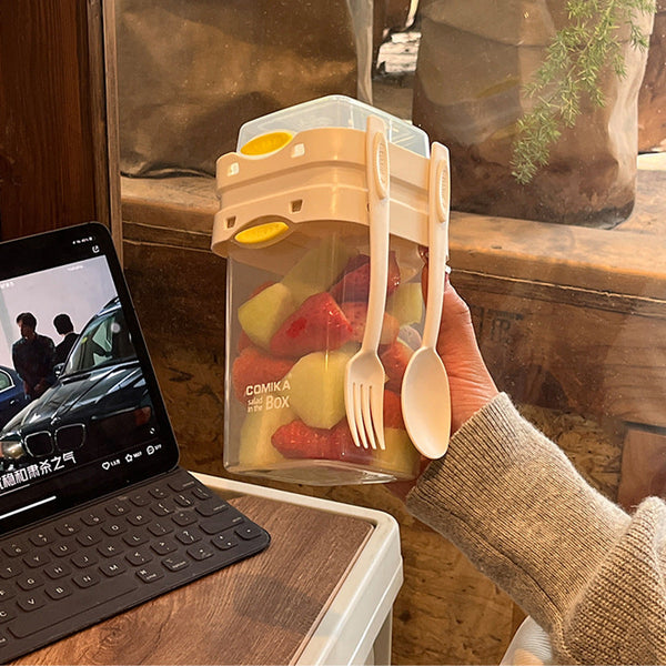 White Portable Salad Cup With Ingredient Compartment Fork And Spoon Enjoy Breakfast On The Go Food Storage Containers