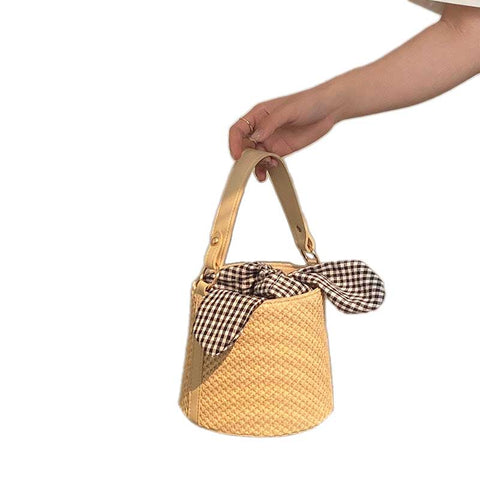 Woven Straw Bucket Bag With Gingham Bow Accent Mini Top Handle & Crossbody Women's Bags & Handbags