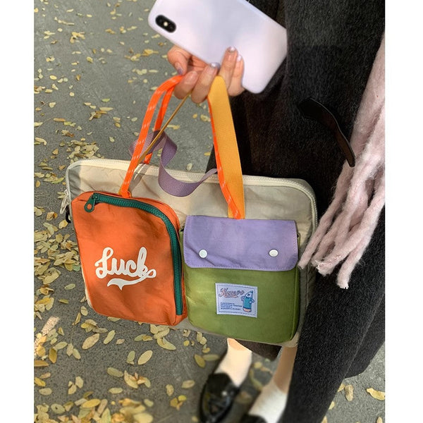 White Color Block Canvas Laptop Tote Bag Funky Multi Pocket Design For Women (37*31*3Cm) Laptop Cases & Bags