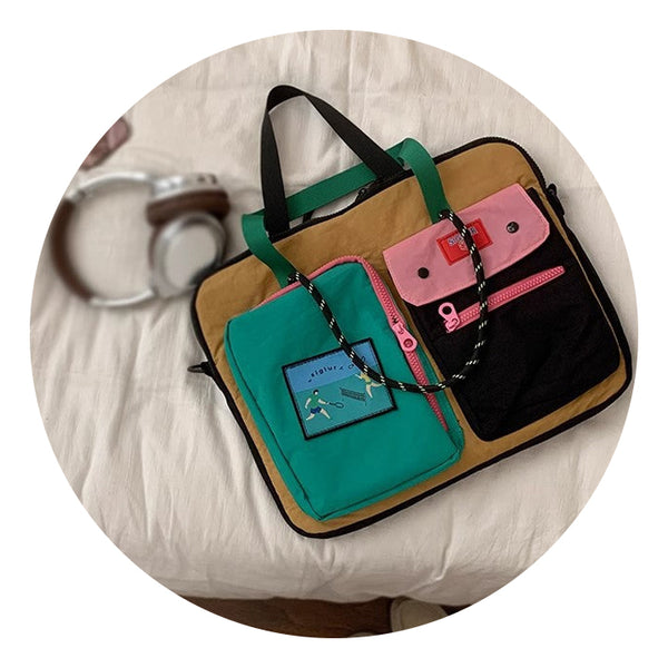 White Color Block Canvas Laptop Tote Bag Funky Multi Pocket Design For Women (37*31*3Cm) Laptop Cases & Bags