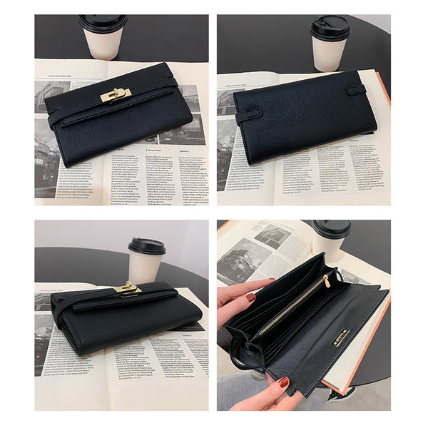 Elosung Beige Elegant Women's Turn Lock Long Wallet Black Pu Leather Clutch Purse With Card Slots And Zipper Pocket Wallets