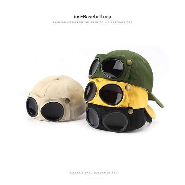 Elosung Beige Stylish Aviator Goggle Baseball Cap Unisex Outdoor Cotton Sun Hat Hats & Headwear