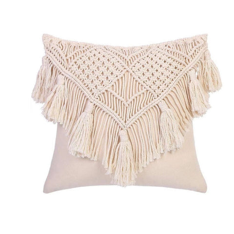 Elosung Beige Boho Chic Macrame Cushion Cover Handmade Woven Cotton Linen Pillow Case With Tassels Decorative Throw Sham 45 X 45Cm Only Cushion Covers