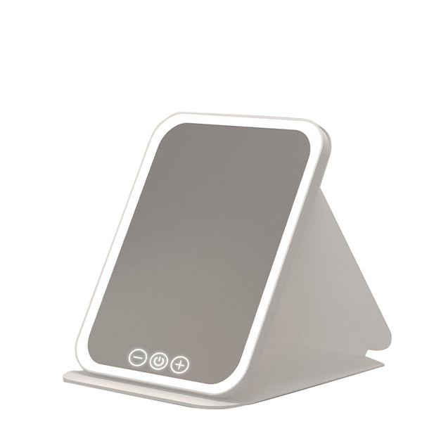 White Large Foldable Led Makeup Mirror Portable Desktop Vanity With 3 Color Lights Stepless Dimming & Adjustable Stand Makeup Mirrors