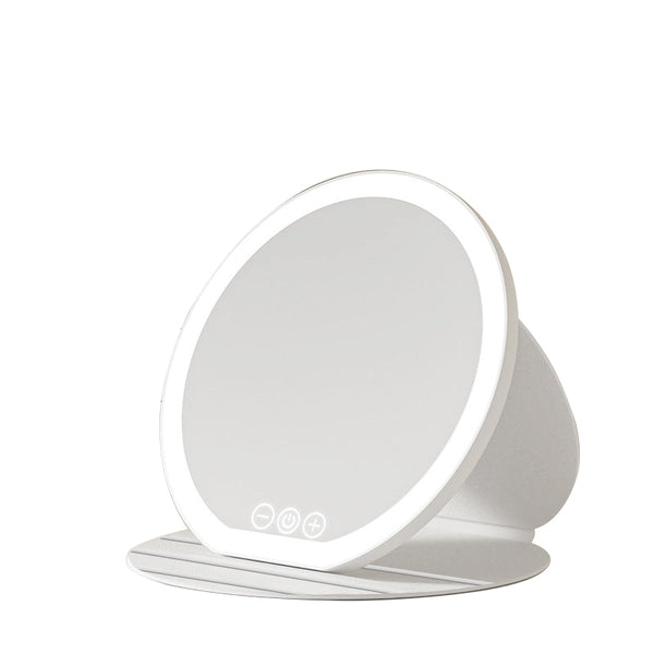 White Large Round Foldable Led Makeup Mirror 22Cm Desktop Vanity With 3 Color Lights & Stepless Dimming Makeup Mirrors
