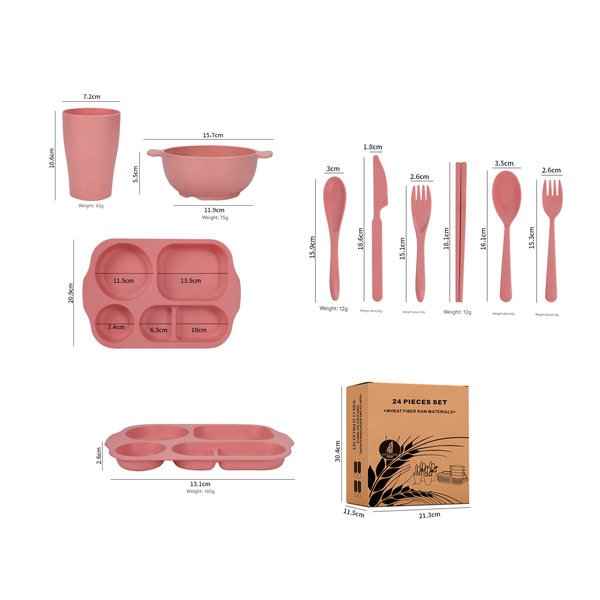 Macaron 4 Colours Durable Eco Friendly Wheat Straw Dinnerware Set 24 Pieces With Plates Bowls Cups & Cutlery Cutlery Sets