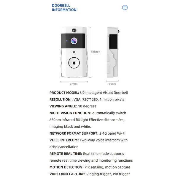 U9 Visual Doorbell Hd Wireless Video With Long Lasting Battery Smart Doorbells