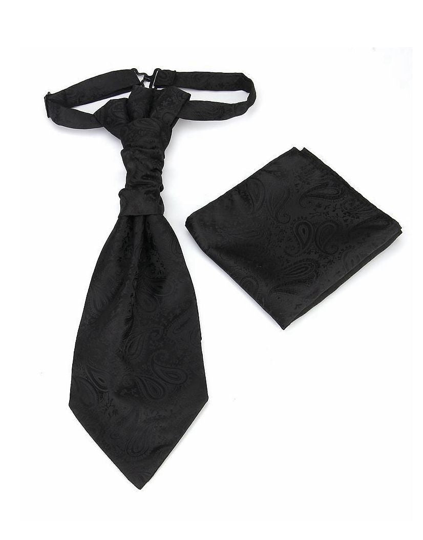 Men's Formal Paisley Ascot Cravat & Pocket Square Set Adjustable Necktie Weddings (Black) Ties