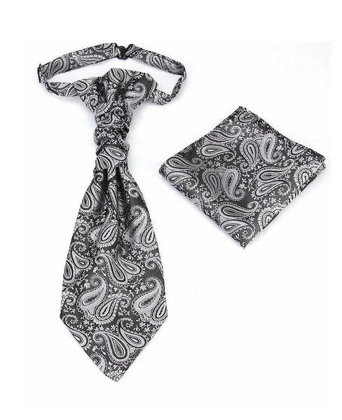 Men's Formal Paisley Ascot Cravat & Pocket Square Set Adjustable Necktie Weddings (Dark Gray Pattern) Ties