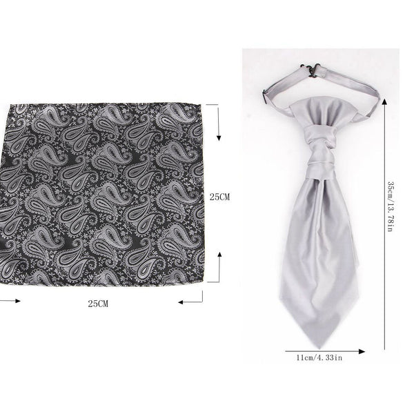 Men's Formal Paisley Ascot Cravat & Pocket Square Set Adjustable Necktie Weddings (Black) Ties