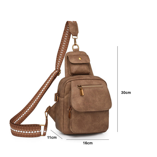 Brown Stylish Pu Leather Sling Crossbody Bag For Women Multi Pocket Chest Pack With Adjustable Wide Strap Women's Bags & Handbags
