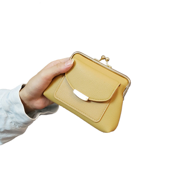 Yellow Style Women's Kiss Lock Coin Purse Compact Leather Wallet With Card Holder Wallets