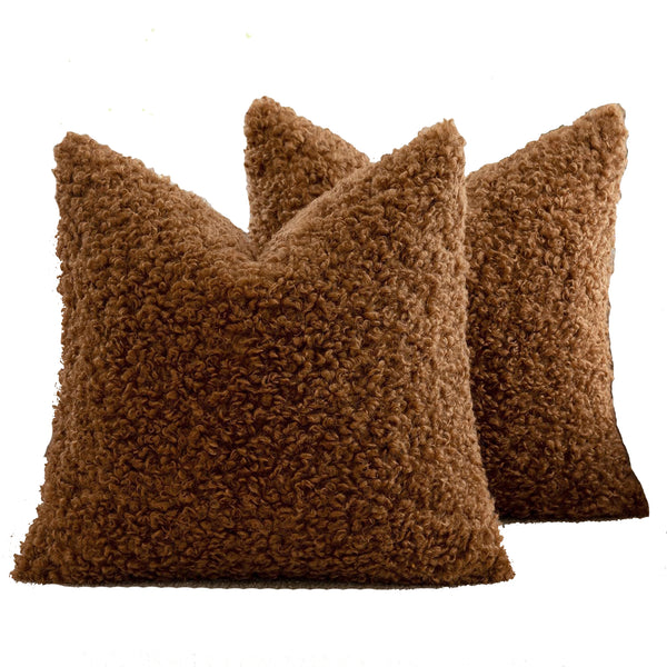 2 Pcs Brown Cozy Teddy Boucle Cushion Cover Plush Decorative Square Pillow Case For Sofa & Bed Cushion Covers