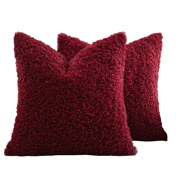 2 Pcs Red Cozy Teddy Boucle Cushion Cover Plush Decorative Square Pillow Case For Sofa & Bed Cushion Covers