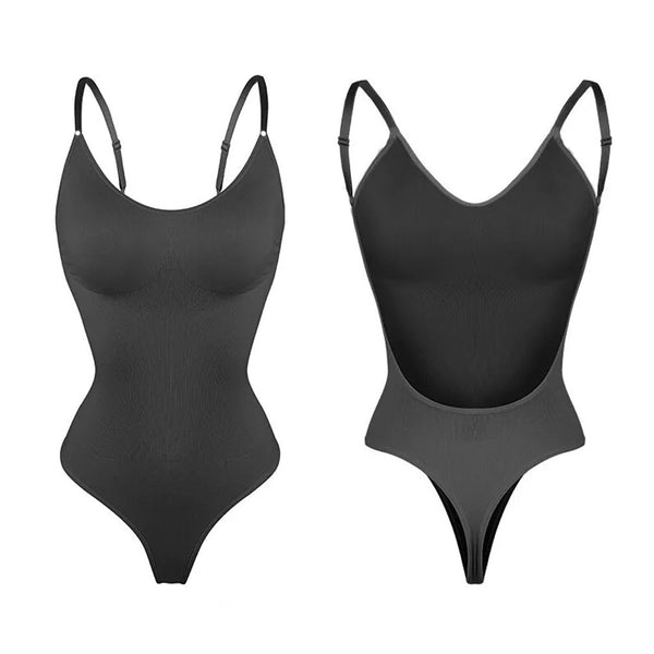 2 Pcs Size Xl Black Seamless Backless Bodysuit Deep U Plunge Tummy Control Thong Shaper Shapewear