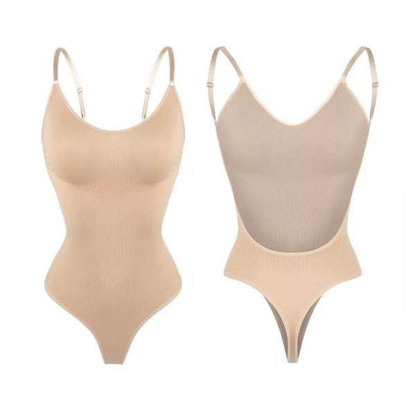 2 Pcs Size Xl Skin Color Seamless Backless Bodysuit Deep U Plunge Tummy Control Thong Shaper Shapewear