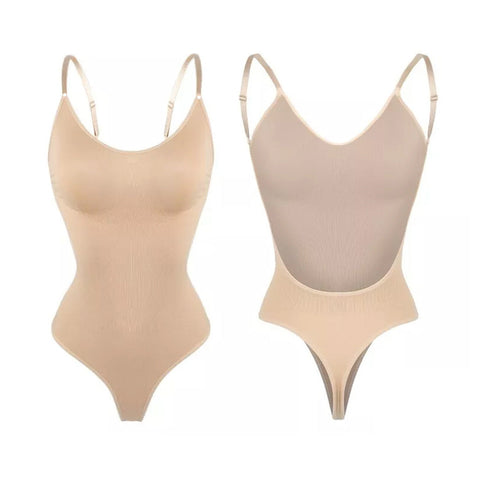 2 Pcs Size Xl Skin Color Seamless Backless Bodysuit Deep U Plunge Tummy Control Thong Shaper Shapewear