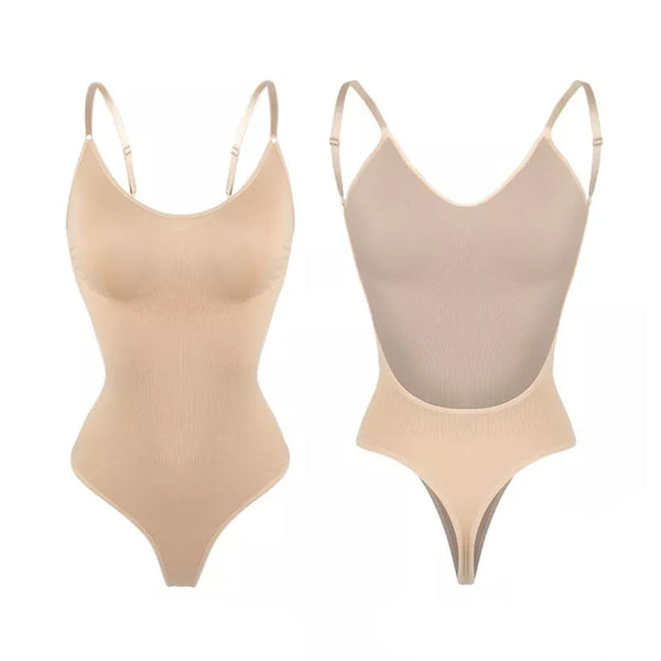 2 Pcs Size Xxl Skin Color Seamless Backless Bodysuit Deep U Plunge Tummy Control Thong Shaper Shapewear