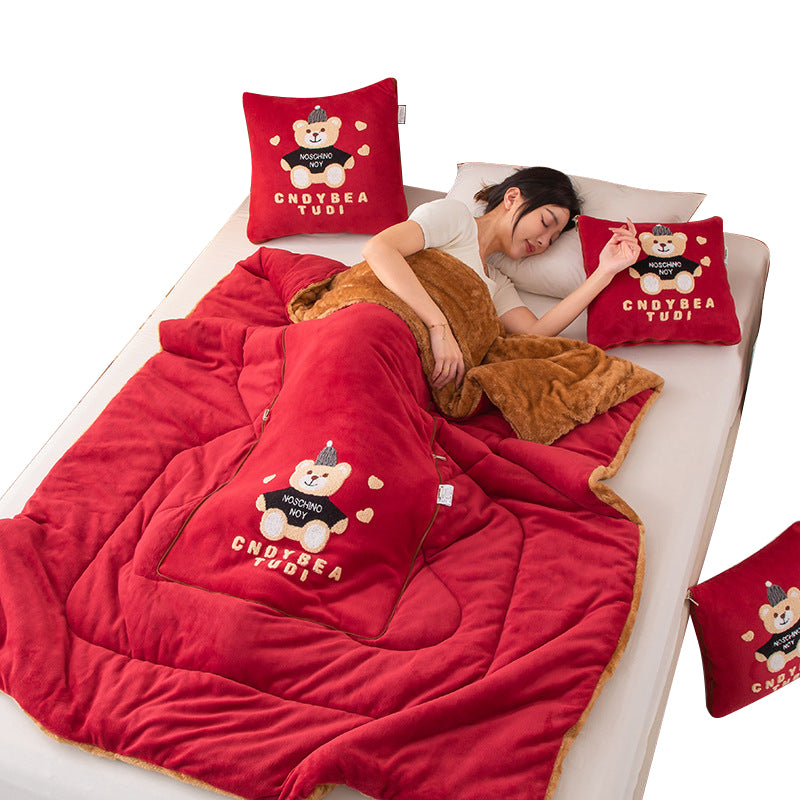 Wine Red Padded Thickened Hat Bear 2 In 1 Foldable Car Pillow Blanket Cozy 40X40cm Pillow, Unfolds To 100X150cm Blanket For Travel And Office Naps Pil