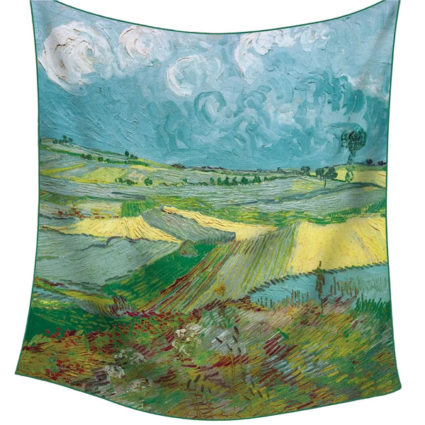 Wheat Fields Under Dark Clouds Elegant Artistry Shawl Large 130Cm Square Scarf With Oil Painting Print & Hand Rolled Hem Scarves & Wraps