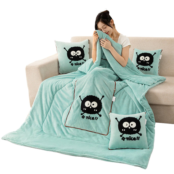 Water Green Padded And Thickened Elf 2 In 1 Foldable Car Pillow Blanket Cozy 40X40cm Pillow, Unfolds To 100X150cm Blanket For Travel And Office Naps P