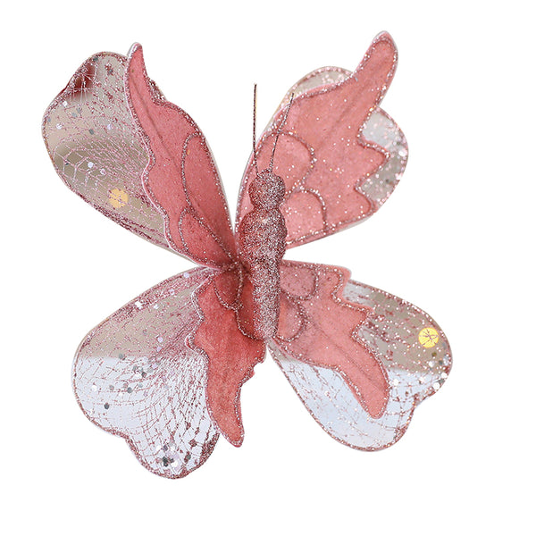Rose Gold Large Glitter Butterfly Christmas Ornaments (Set Of 2) Clip On Decorations For Trees & Wreaths Seasonal Decorations