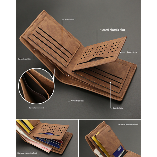 2 Piece Black Men's Vintage Style Bifold Wallet | High Capacity Pu Leather With Removable Card Holder & Zip Coin Pocket Wallets