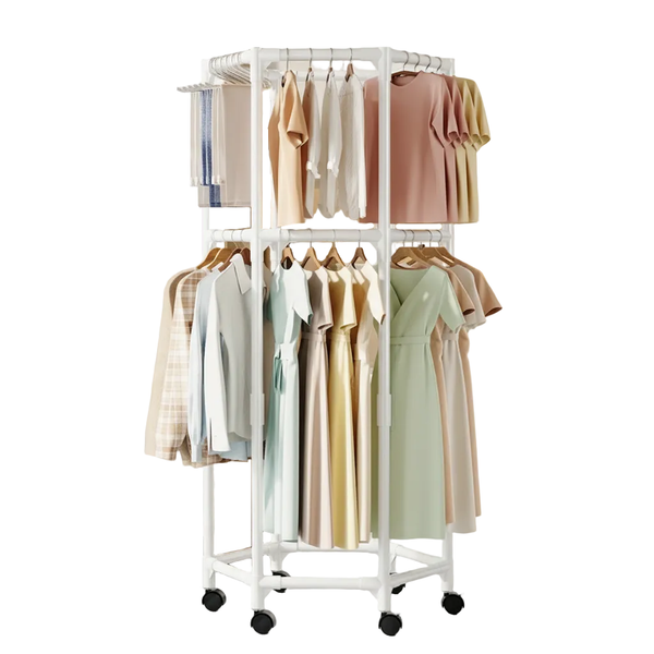 White Double Layer 360 Rotating Portable Garment Rack Heavy Duty Rolling Clothes Stand With Wheels For Bedroom & Laundry Garment Racks