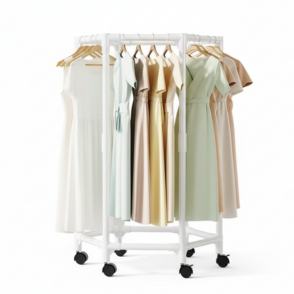 White Single Layer 360° Rotating Portable Garment Rack Heavy Duty Rolling Clothes Stand With Wheels For Bedroom & Laundry Garment Racks