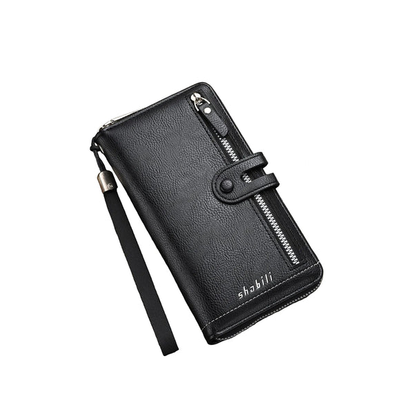 Two Pieces High Capacity Pu Leather Clutch Wallet Unisex Design With Wrist Strap Zipper And Multiple Card Slots Black Wallets