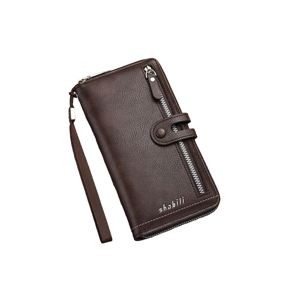 Two Pieces High Capacity Pu Leather Clutch Wallet Unisex Design With Wrist Strap Zipper And Multiple Card Slots Dark Brown Wallets