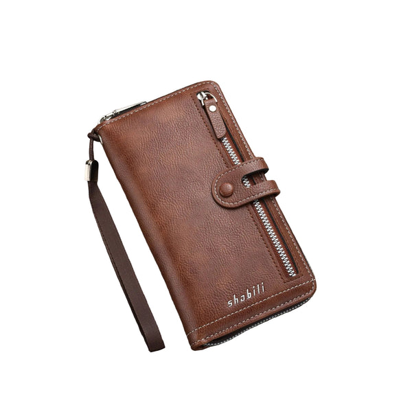 Two Pieces High Capacity Pu Leather Clutch Wallet Unisex Design With Wrist Strap Zipper & Multiple Card Slots Light Brown Wallets